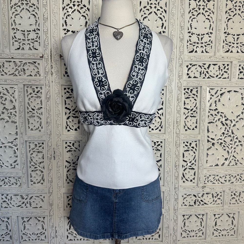 Veronique Young Black & White Beaded Sequin Fairycore Halter Top Sz 12